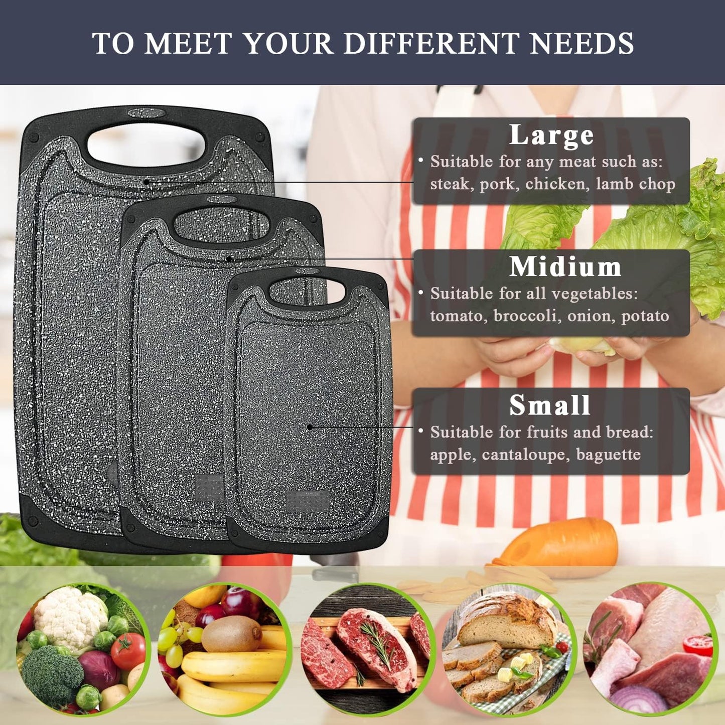 Viretang Plastic Cutting Boards Set of 3 for Kitchen, Thick Chopping Board with Deep Juice Grooves, Non‑Slip Feet, Easy Grip Handle, BPA Free, Dishwasher Safe,Black