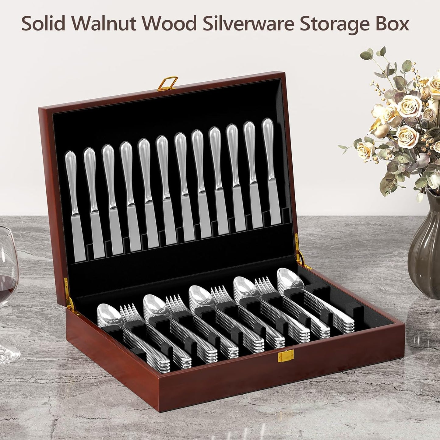 Solid Walnut Silverware Storage Box, 2-Layer Silverware Chest with Drawer, Flatware Case with Lid and Felt Lined, Wood Flatware Storage Box Holds 12-16 Sets of Utensils, Wedding Housewarming Gifts