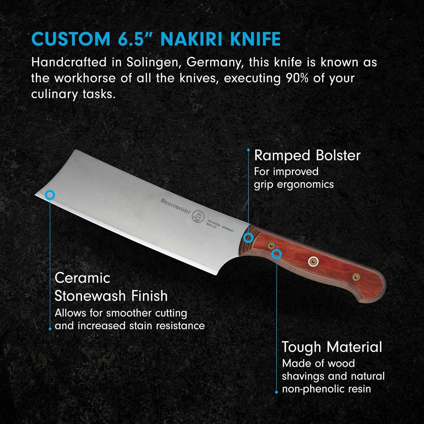 Messermeister Custom 6.5” Nakiri Knife, Black - X50 German Stainless Steel - Rust Resistant & Easy to Maintain - Made in Solingen, Germany