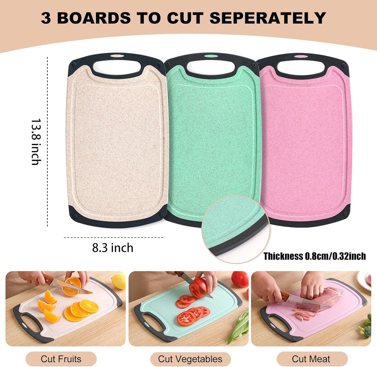 Kitchen Cutting Board Set 3 Piece Wheat Straw Plastic Cutting Boards for Kitchen with Juice Grooves Easy Grip Handle Bpa Free Non Porous Non Slip Dishwasher Safe Chopping Board (Beige + Green + Pink)