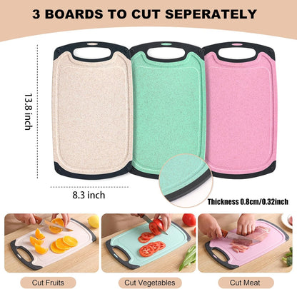 Kitchen Cutting Board Set 3 Piece Wheat Straw Plastic Cutting Boards for Kitchen with Juice Grooves Easy Grip Handle Bpa Free Non Porous Non Slip Dishwasher Safe Chopping Board (Beige + Green + Pink)