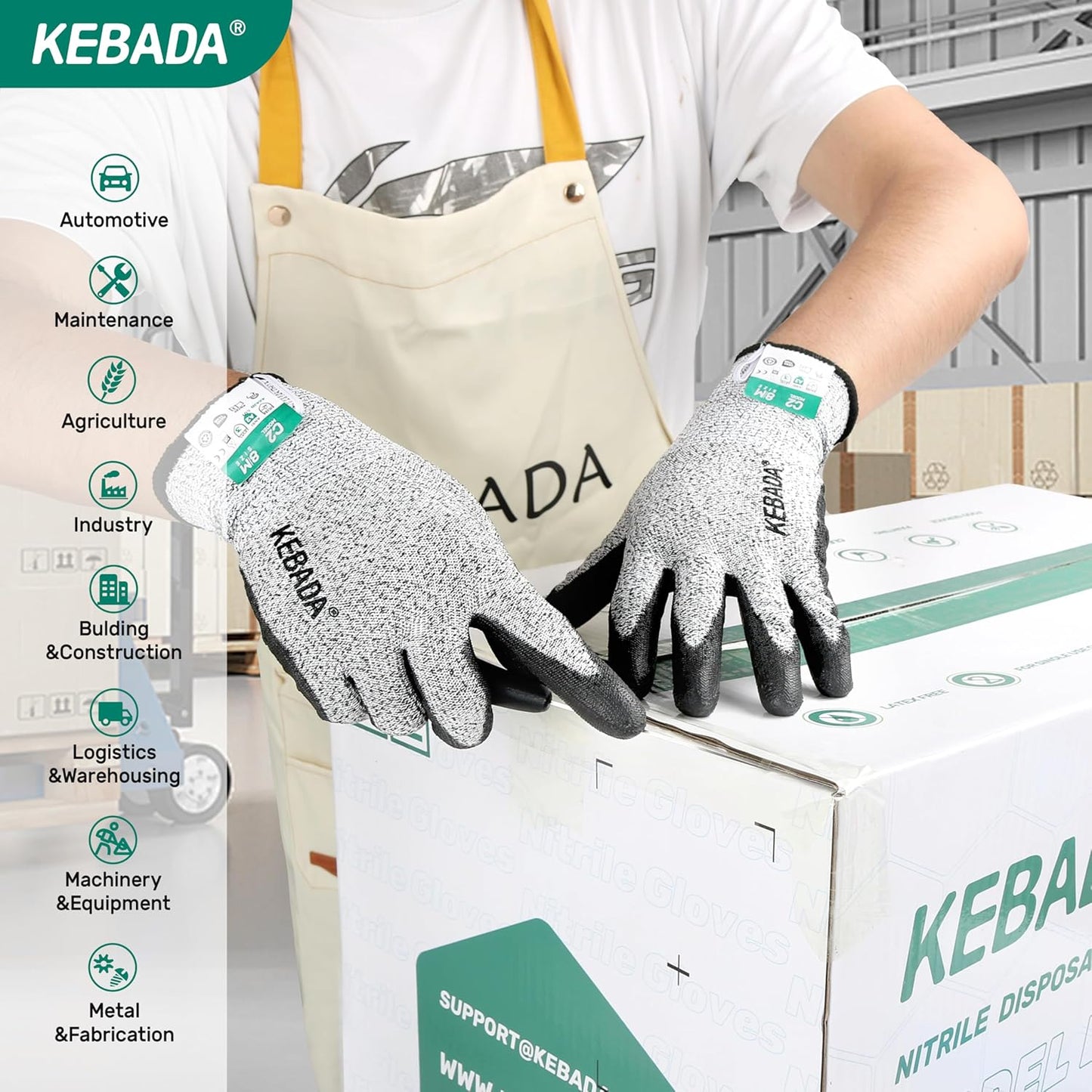 Kebada Cut Resistant Gloves, ANSI A2 Cutting Glove, PU Coated, Touchscreen, Multi-Purpose Model C2, 3 Pairs, Large