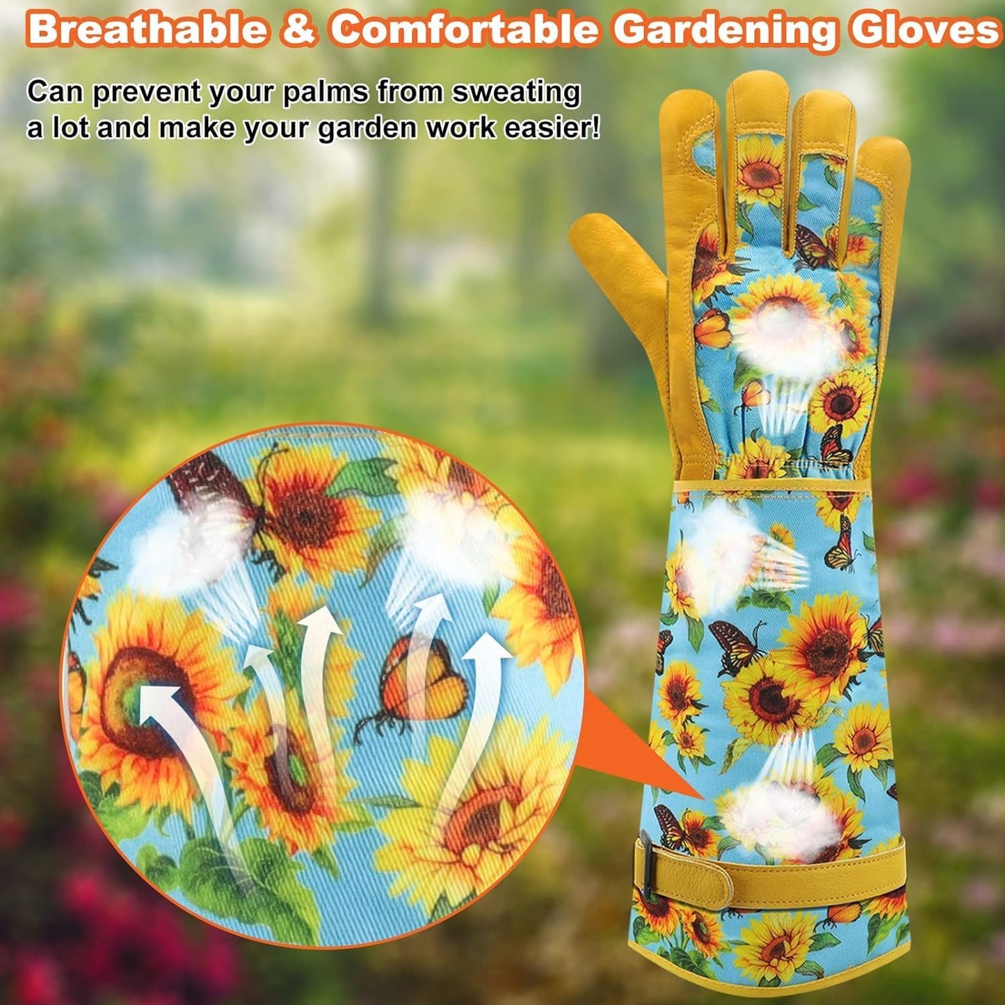 DLY Gardening Gloves for Women, Rose Gloves Gardening Thorn Proof, Long Garden Gloves for Women, Breathable Cowhide Leather Gauntlet (Medium, Blue)