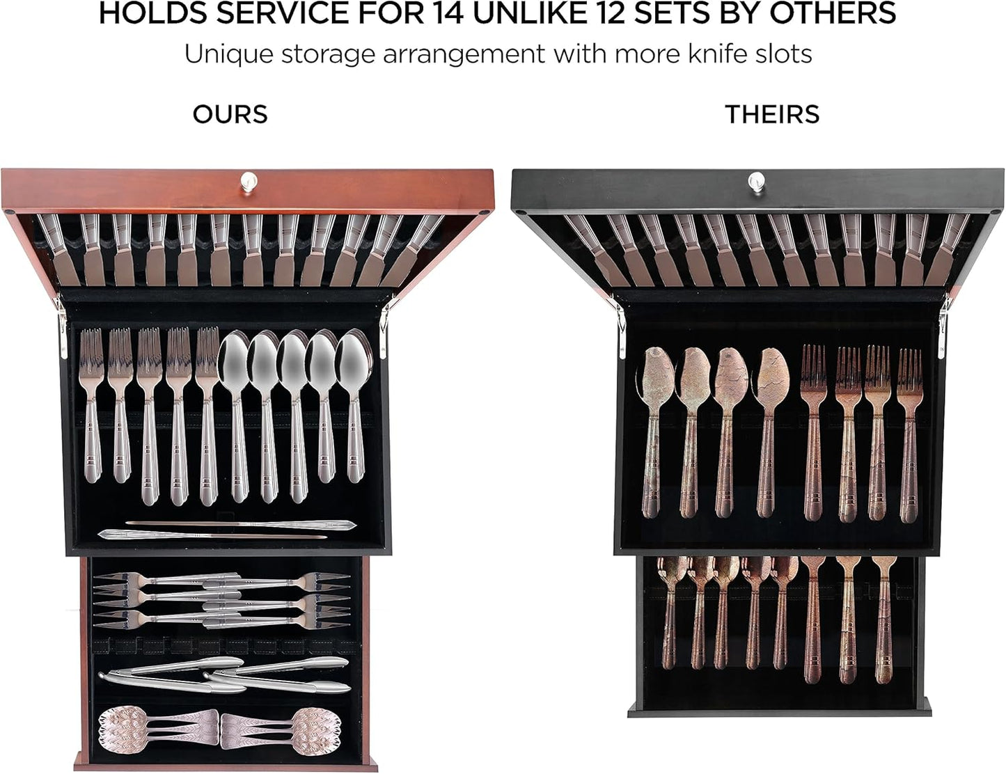 boldworks Silverware Storage Box Silverware Chest Case for Silver Flatware with Lid Tarnish Proof Felt Lined Partition and Drawer Holds Service for 14 Includes Polishing Cloth