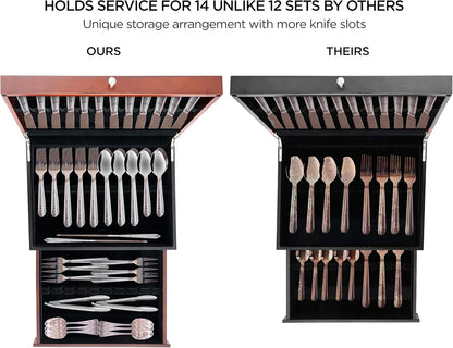 boldworks Silverware Storage Box Silverware Chest Case for Silver Flatware with Lid Tarnish Proof Felt Lined Partition and Drawer Holds Service for 14 Includes Polishing Cloth