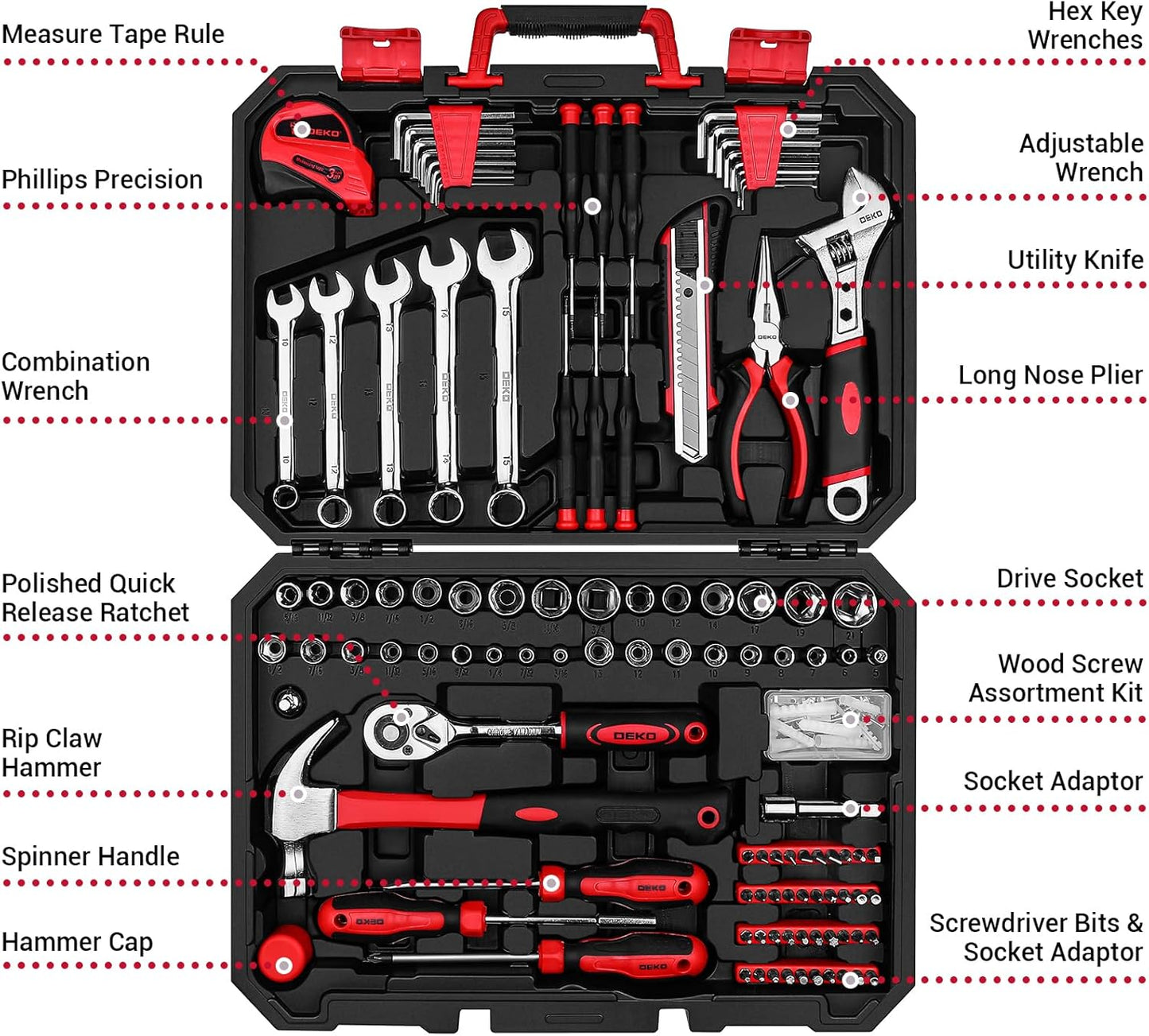 DEKOPRO Tool Set:158 Piece Home Tool Kit, Household Basic Repair Tool Set Comes with Plastic Storage Case-Red