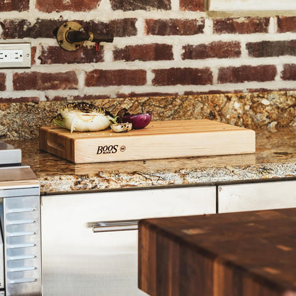 John Boos Handle Boards Series Rectangular Wooden Maple Cutting Board 24”x18” – 2.25” Thick, 30-lb Reversible Butcher Block with Juice Groove, Edge-Grain & Metal Handles