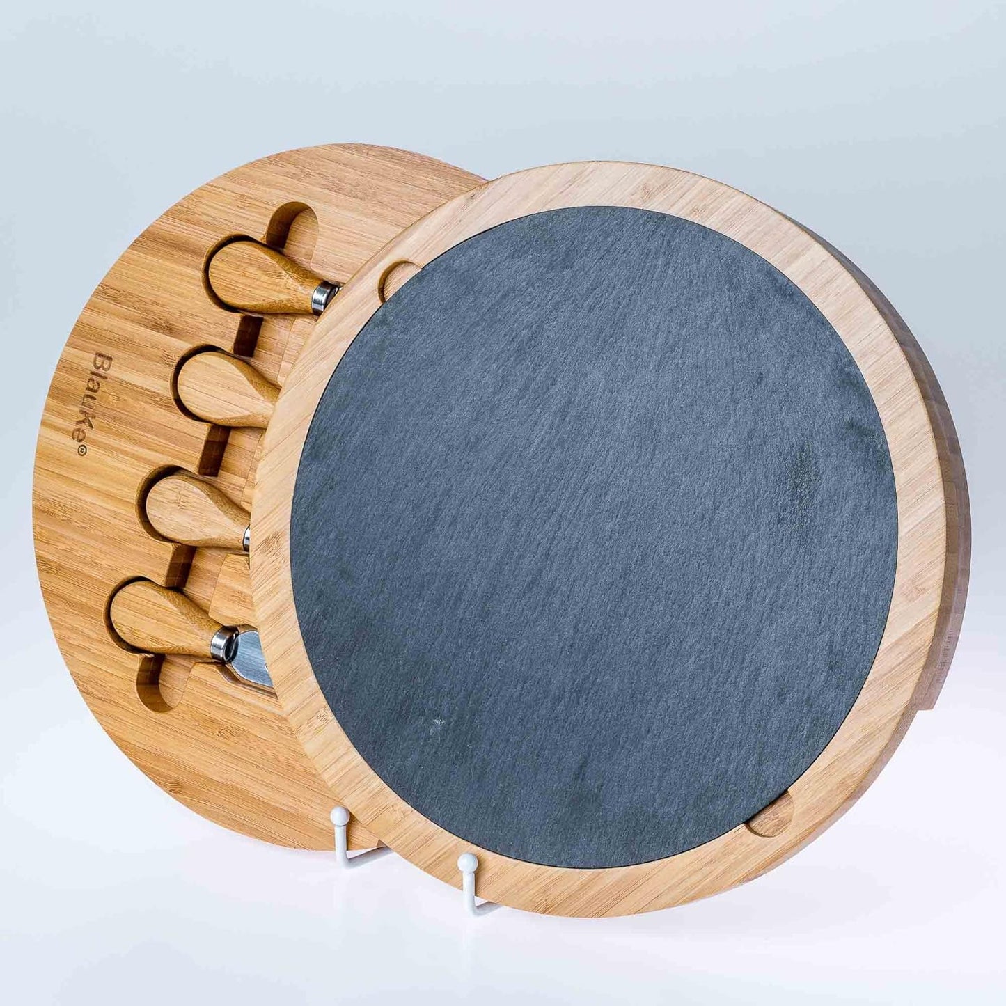 Bamboo Cheese Board and Knife Set 14x11 inch – Wood Cheese Cutting Board, Serving Tray Platter, Charcuterie Board Set with 4 Cheese Knives – BlauKe®