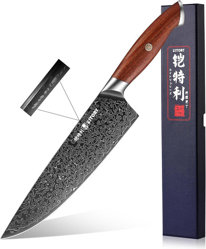 Kiritsuke Chef`s Kitchen Knife 8.5'', Japanese Style Blade with 10Cr15CoMoV super steel cutting core, Full Tang Sandalwood Handle, w/t Gift Box