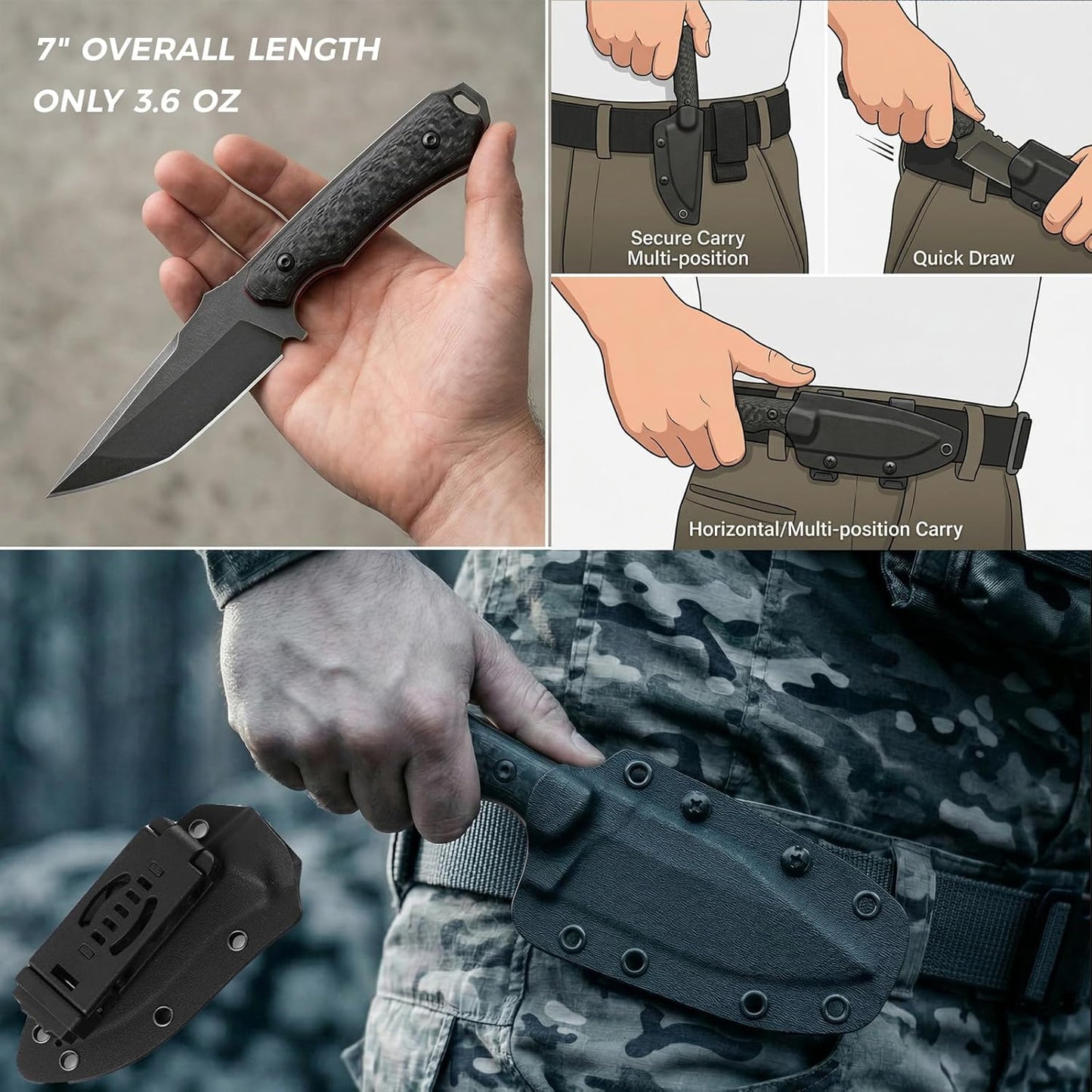 Compact Fixed Blade EDC Knife, D2 Steel Blade, Ultra Lightweight 3.6 oz, 3.5 in Full Tang Outdoor Utility Tool with Carbon Fiber Handle & Kydex Sheath for Camping Hiking Everyday Carry