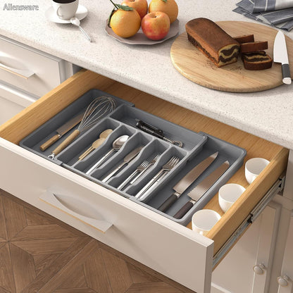 Expandable Drawer Organizer, BPA Free Utensil, Adjustable Flatware & Cutlery Holder/Divider Tray for Spoons Forks, Knives Kitchen Tableware Storage -13-22.4 X 15 X 2 inch(8-Slots/Grey)