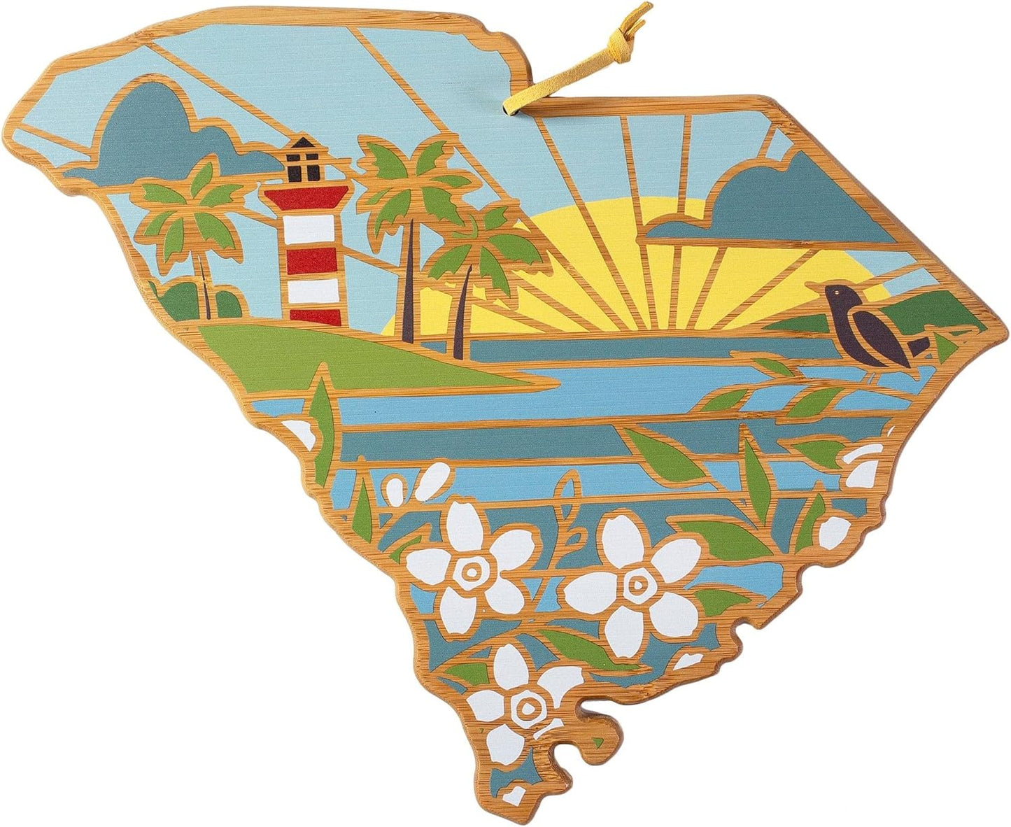 Totally Bamboo North Carolina State Shaped Cutting Board and Charcuterie Serving Platter with Artwork by Summer Stokes, Includes Hang Tie for Wall Display 18" x 8" x 5/8" - Colors A