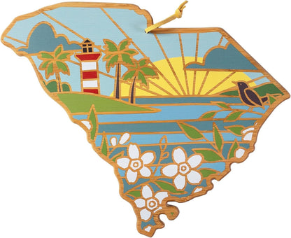 Totally Bamboo North Carolina State Shaped Cutting Board and Charcuterie Serving Platter with Artwork by Summer Stokes, Includes Hang Tie for Wall Display 18" x 8" x 5/8" - Colors A