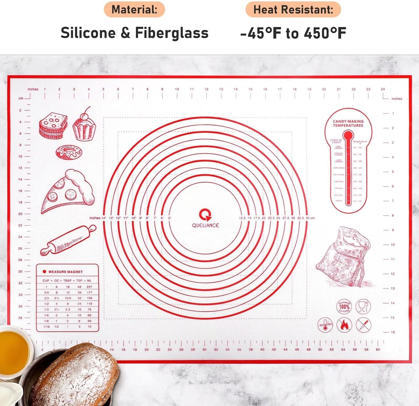 Silicone Pastry Baking Mat Dough - 16x24Inch Large Non Stick Slip Cookie Bread Rolling Mats Sheet, Kitchen Counter Kneading Cooking Board Pad Matt with Measurement for Pie Pizza Cookies Fondant Making