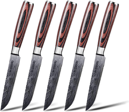 Seido Knives 5-Piece Stainless Steel Serrated Steak Knives Set - Premium Hand-Forged Blades with Durable Ergonomic Pakkawood Handles
