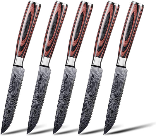 Seido Knives 5-Piece Stainless Steel Serrated Steak Knives Set - Premium Hand-Forged Blades with Durable Ergonomic Pakkawood Handles