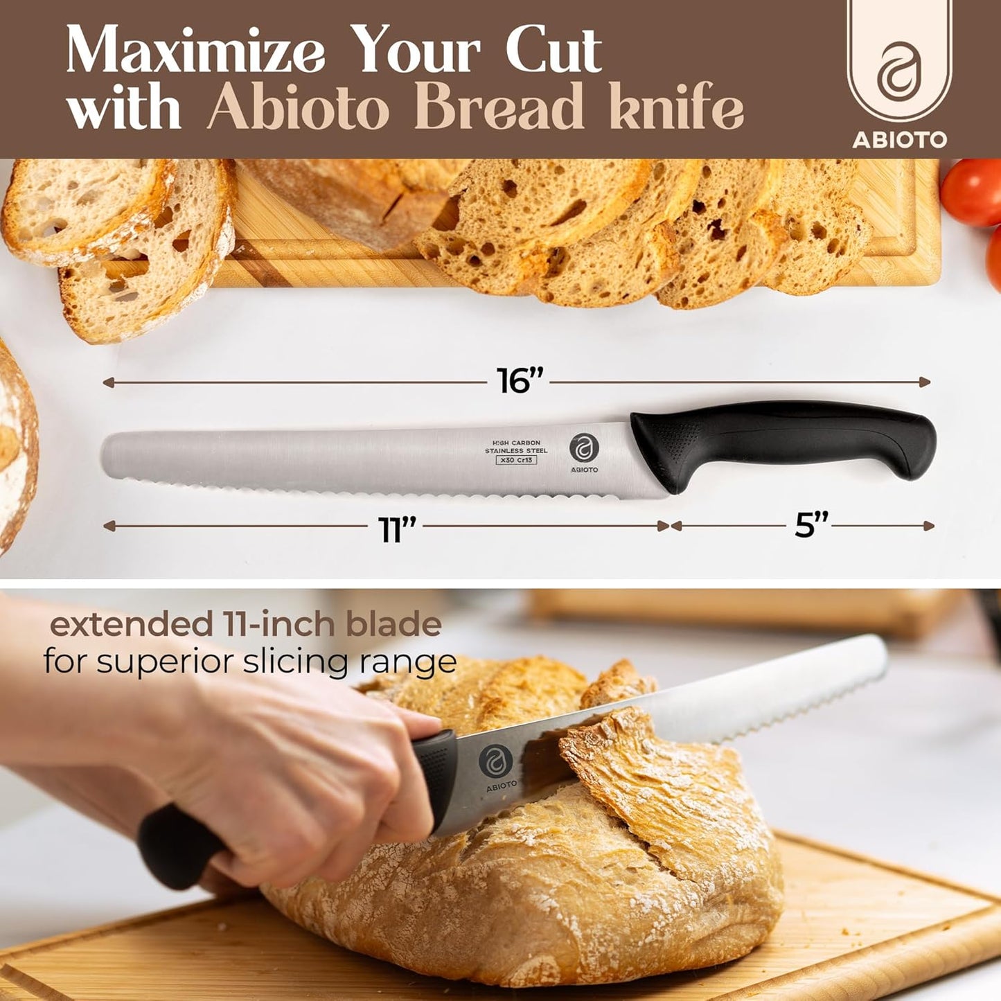ABIOTO Serrated Bread Knife for Homemade Bread Sourdough - Perfect 11-Inch Sourdough Bread Knife Made of High Carbon Stainless Steel X30 Cr13 with One-Sided Sharp Serrations and Ergonomic Handle