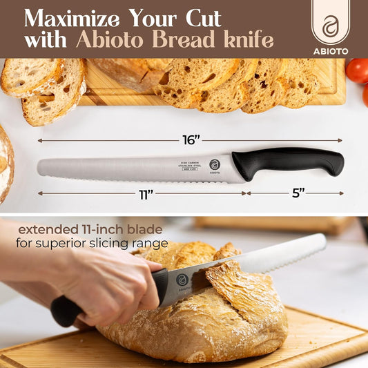 ABIOTO Serrated Bread Knife for Homemade Bread Sourdough - Perfect 11-Inch Sourdough Bread Knife Made of High Carbon Stainless Steel X30 Cr13 with One-Sided Sharp Serrations and Ergonomic Handle