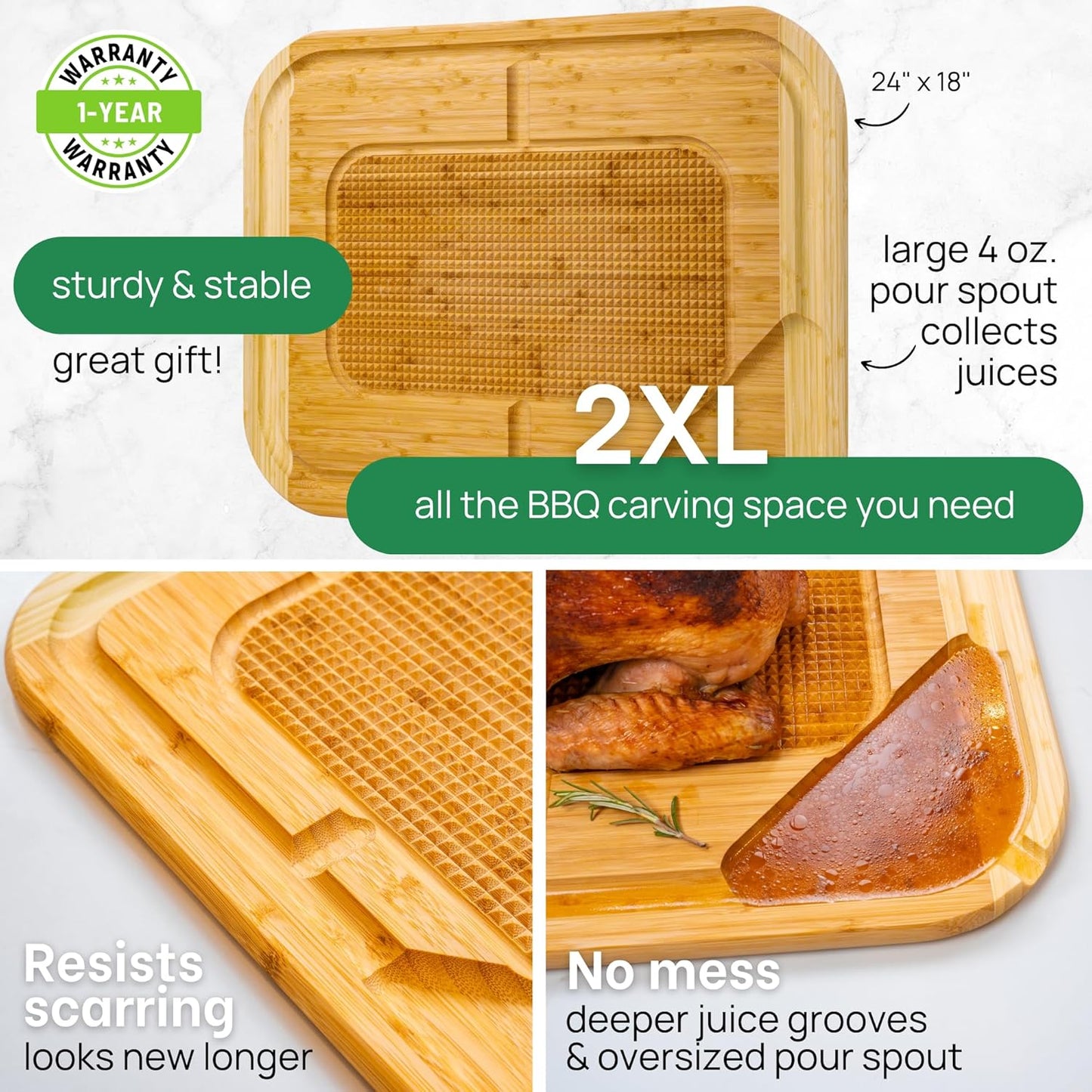 GREENER CHEF 18 Inch Extra Large Organic Turkey Carving Board with Lifetime Replacements - XL Wooden Butcher Block Meat Cutting Board with Pour Spout - Thanksgiving Cooking Essentials