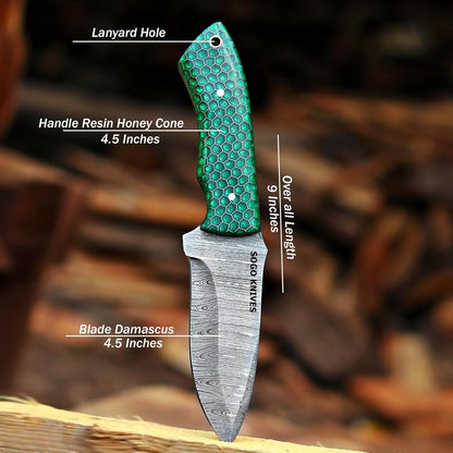 Fixed Blade Damascus Steel Hunting Knife with Leather Sheath, 9'' Full Tang Hunting Skinning,Non-Slip Wooden Handle,Camping Knife (VENGI)