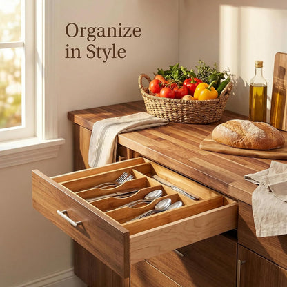 Bamboo Drawer Organizer - Expandable Kitchen Utensil Holder, Adjustable Silverware Drawer Organization, Kitchen Wooden Tray for Cutlery, Flatware & Stationery, 5-7 Slots (Natural)