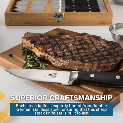 Viking Steak Knife Set, 6-Piece German Stainless Steel Knives with Pakkawood Handles and Wooden Box, Hand Wash Only, Red