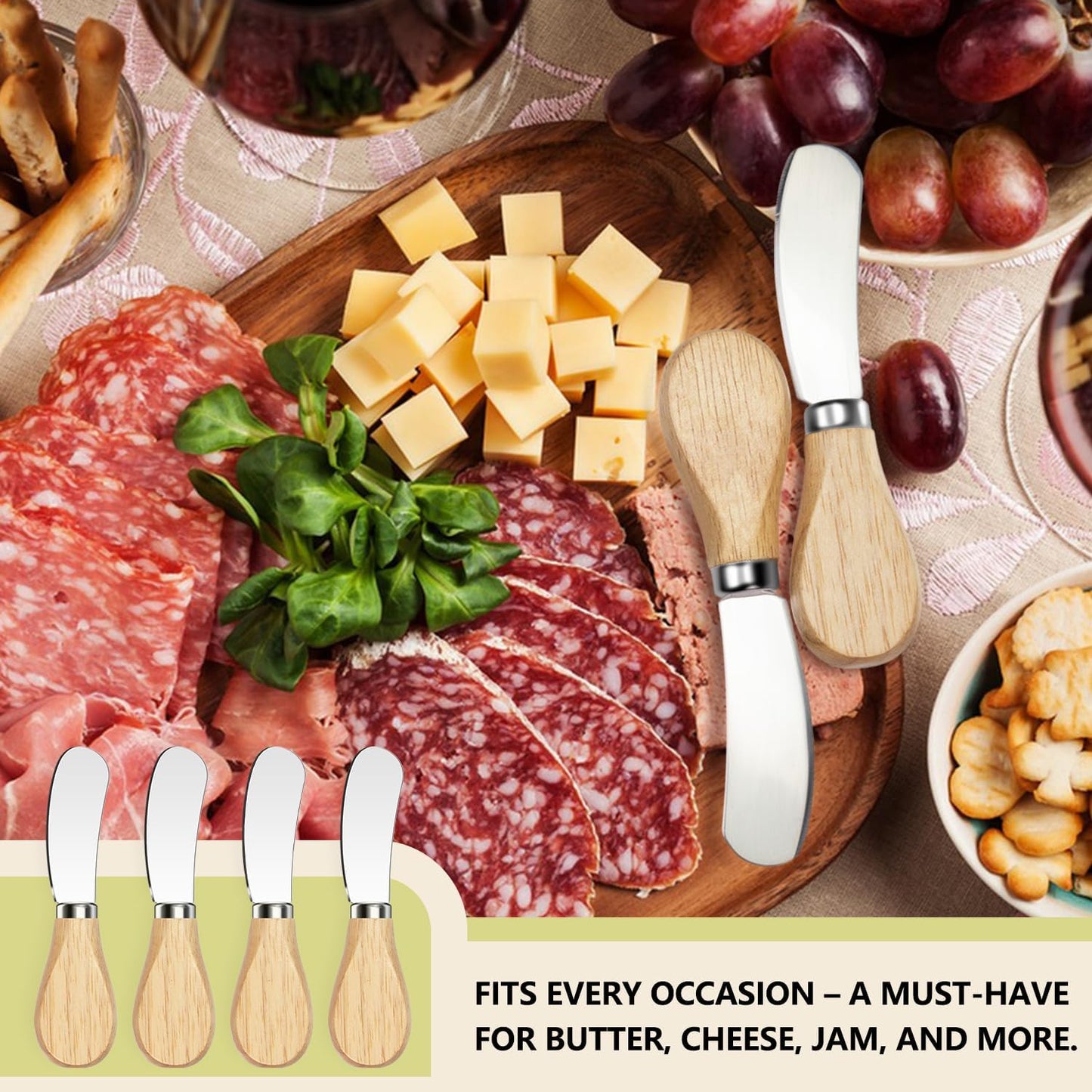Butter Knife Spreader, Cheese Spreader Knives Set of 4, Stainless Steel Butter Knives with Acacia Wood Handle, Small Cheese Knives for Cold Butter, Soft Cheese Spreader, Jam, Charcuterie, Pastry