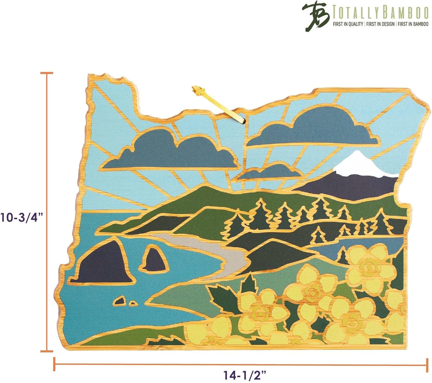 Totally Bamboo North Carolina State Shaped Cutting Board and Charcuterie Serving Platter with Artwork by Summer Stokes, Includes Hang Tie for Wall Display 18" x 8" x 5/8" - Colors B
