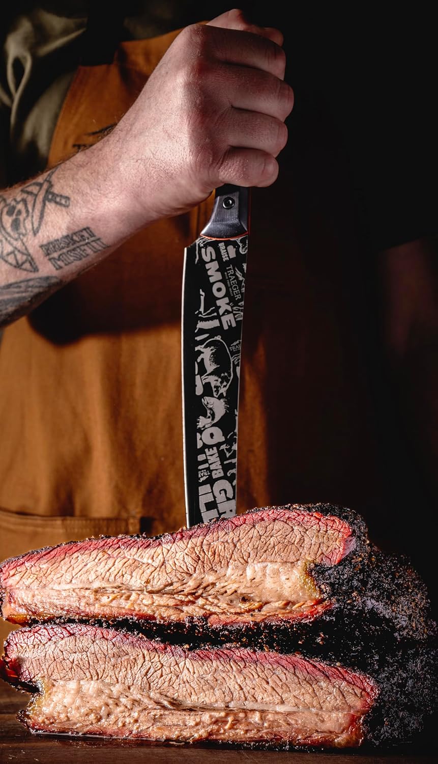 Traeger Grills BBQ Slicing Knife – Long Rigid German X50 Stainless Steel Blade for Clean, Precise Cuts on Brisket & Large Meat, Rust-Resistant & Ultra-Sharp - Made in partnership with Messermeister