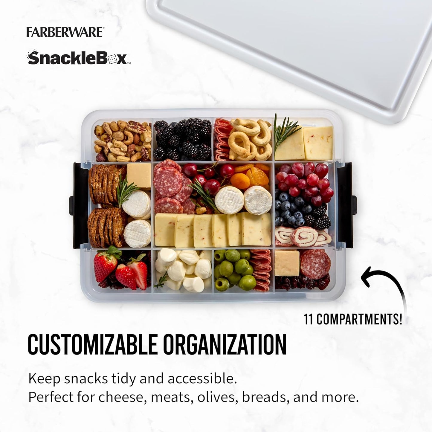 Farberware Build Snacklebox Serving Tray with Locking Bamboo Cutting Board Lid, Portable Storage Container with Compartments for Charcuterie, and More, Natural