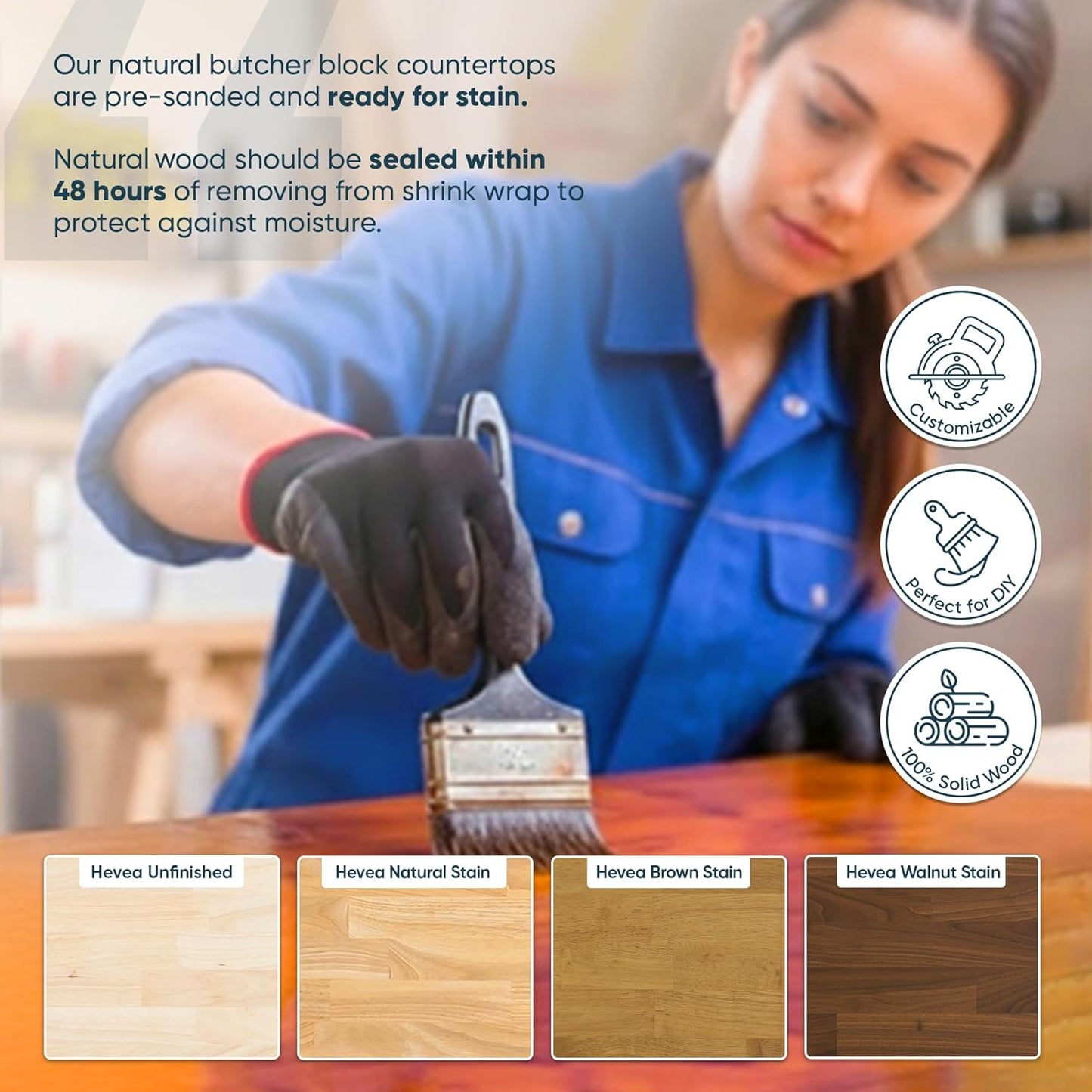 36''L x 25''W x 1.5''Th Hevea Solid Wood Butcher Block Countertop, Butcher Block Table Top for DIY Washer Dryer/Island/Kitchen Countertop (Unfinished)