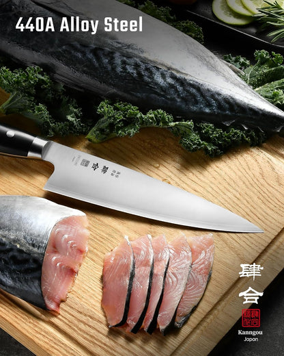 kanngou 8 Inch Chef Knife, Kitchen Knife with 440A AllOY Steel, Japanese Chefs Knife with Gift Box and Full-Tang Black POM Handle