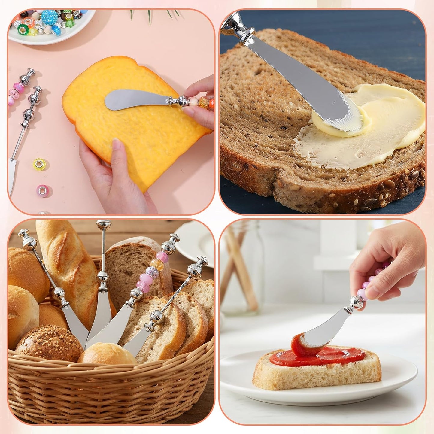 6 PCS Beadable Cheese Spreader Knives Reusable Beaded Butter Spreader Knife DIY Decorative Stainless Steel Spreaders Knife for Charcuterie Board Party Kitchen Birthday Wedding Christmas