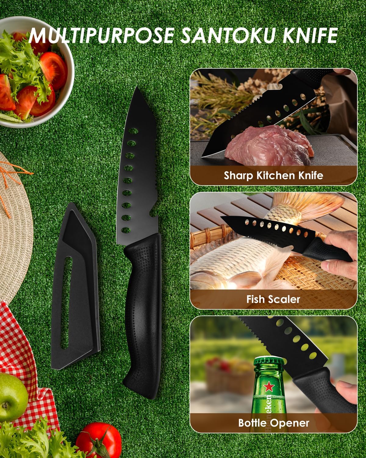 Mitsuharu 5 in 1 Camping Cutting Board Set with Santoku Knife,Separable Shears,Peeler & Slicing Knife and Sharpening Slots,Portable Camper Accessories Kitchen Set, Black