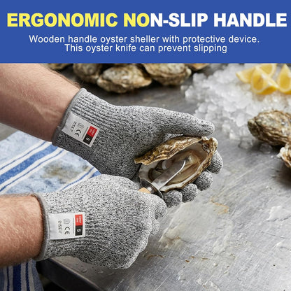 4Pcs Oyster Shucking Knife Set with 2 Pairs Cut Resistant Gloves, Stainless Steel Oyster Shucker Opener & Clam Shucking Knife Tool Kit, Non-Slip Wood Handle for Seafood Lovers