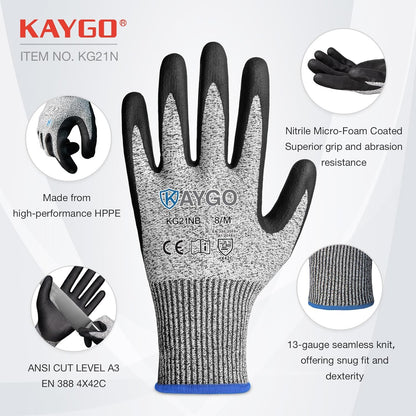 KAYGO 12 Pairs Cut Resistant Work Gloves for Men and Women,ANSI A3 Cutting Gloves,Nitrile Micro-Foam Safety Work Gloves KG21NB,Ideal for Wood Carving,Glass Handling, Construction,Fishing,Grey,S