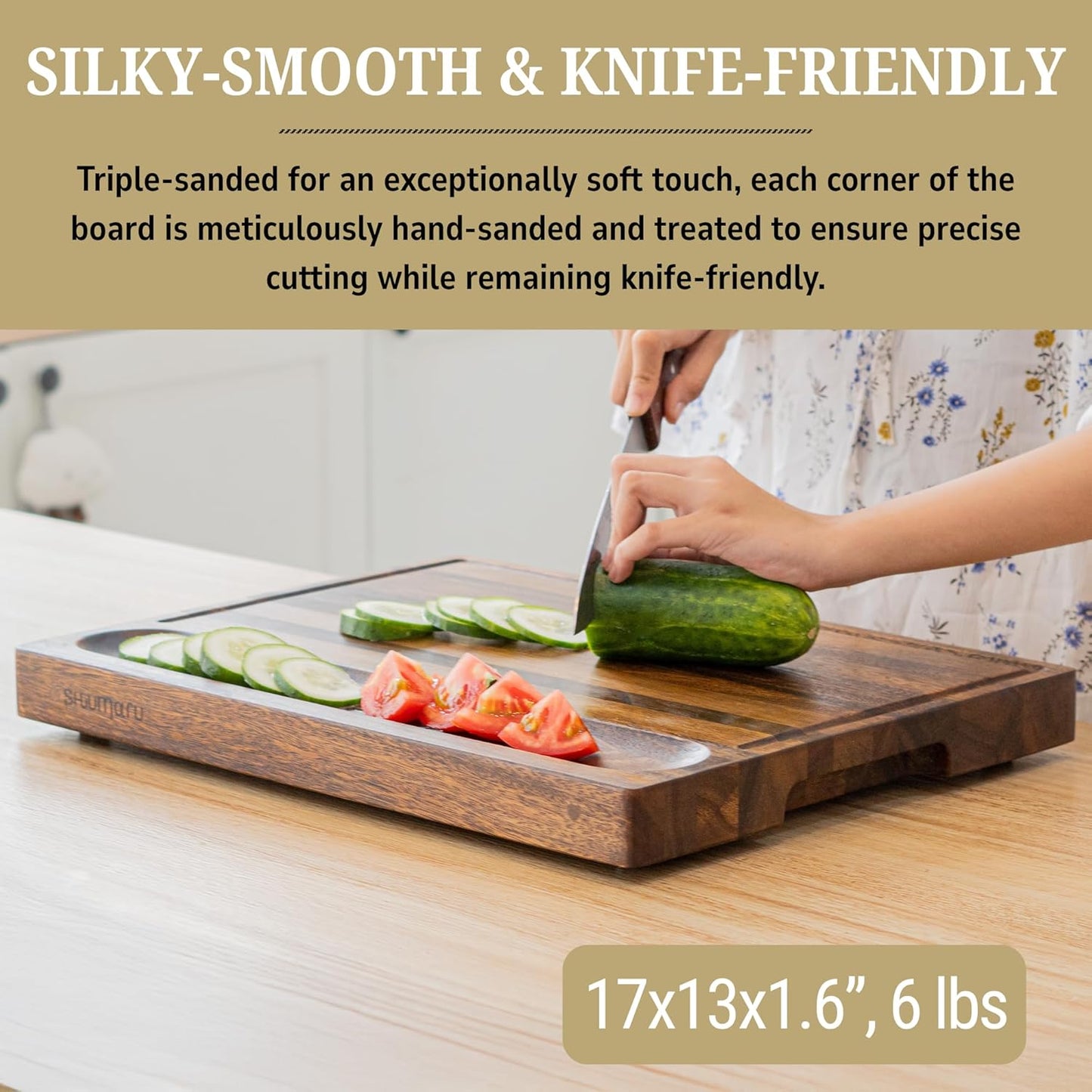 SHUMARU Mahogany End Grain Cutting Board, 17×13×1.6 in – Handmade Butcher Block, Knife-Friendly, Juice Groove, Non-Slip Feet