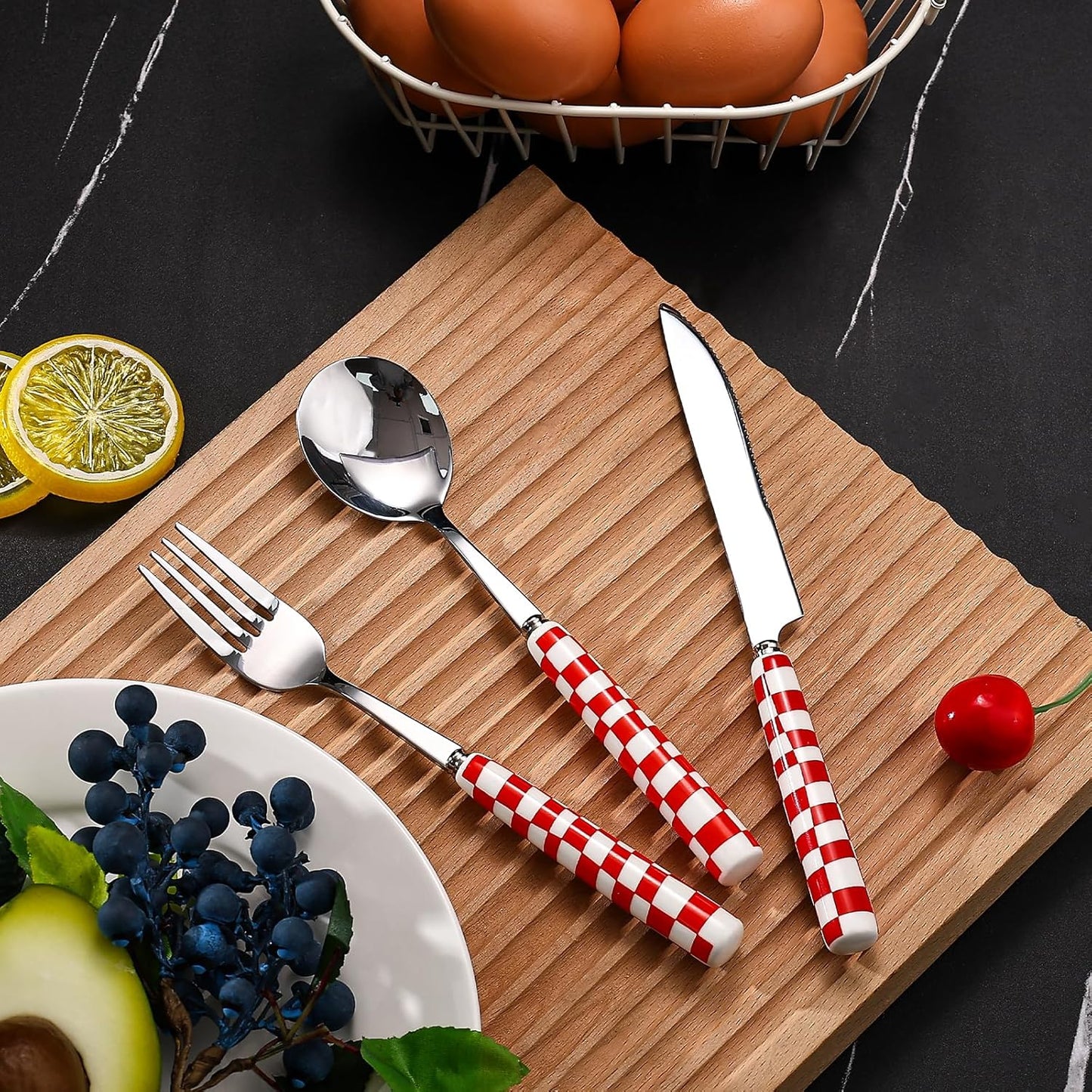 Koythin 3-Piece Cutlery Set, Stainless Steel Flatware Sets with Yellow Checkerboard Pattern Ceramic Handle, Utensils including Knife Fork Spoon (Yellow)