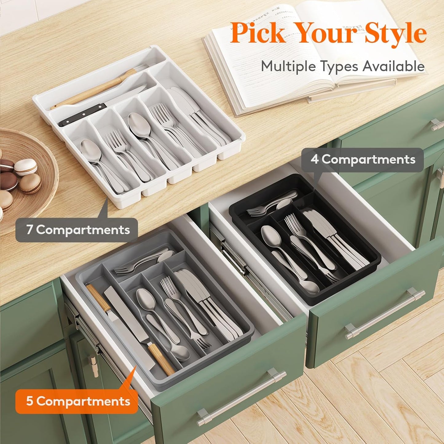 Lifewit Silverware Drawer Organizer Tray, Plastic Cutlery Storage for Kitchen, Flatware and Utensil Holder Divider for Spoons Forks Knives Tableware, 9.1 x 12.6", 5 Slots, Black