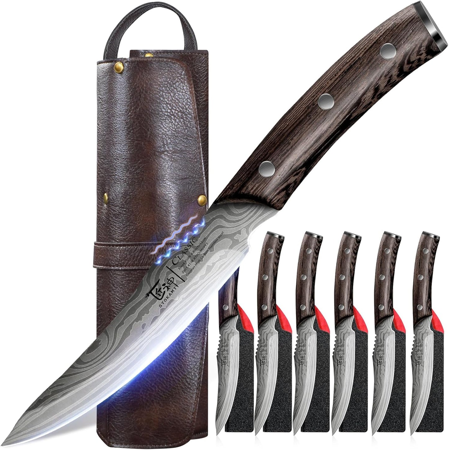 SYOKAMI Steak Knives Set of 8, 4.8 Inch Carbon Steel Japanese Style Non Serrated Dinner knives with Wooden Handle, Damascus Pattern Full Tang Design, Housewarming Holiday Cooking Gifts