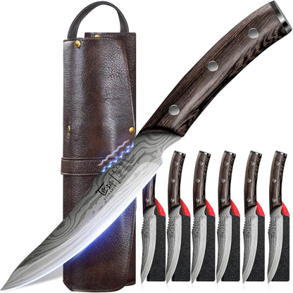 SYOKAMI Steak Knives Set of 8, 4.8 Inch Carbon Steel Japanese Style Non Serrated Dinner knives with Wooden Handle, Damascus Pattern Full Tang Design, Housewarming Holiday Cooking Gifts