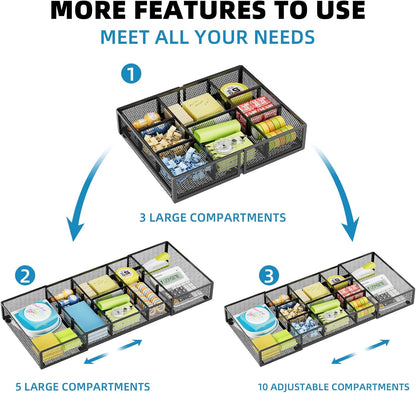 Marbrasse Expandable Desk Drawer Organizer, Mesh Drawer Organizer Tray with 10 Adjustable Compartments, Desk Organizers and Accessories for Office Supplies, Makeup & Vanity (Expandable White-2 pack)