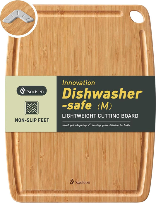 Lightweight Durable Bamboo Cutting Board with Non-Slip Feet, Non Toxic Wooden Cutting Board for Kitchen Heat-Resistant Chopping & Charcuterie Board with Juice Groove Kitchen Essentials for Meat