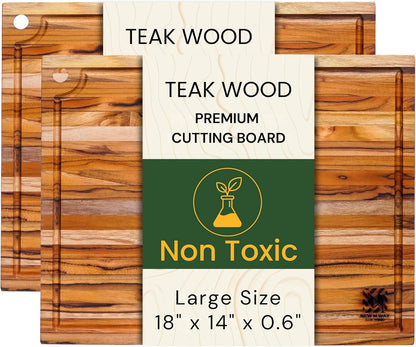 Teak Wood Cutting Board 18" x 14" x 0.6", 2-Piece Set for Kitchen Meat & Food Prep - Large Thin Edge Grain, Deep Juice Groove, Lightweight Solid Hardwood, Non-Toxic, BPA Free by New M Way