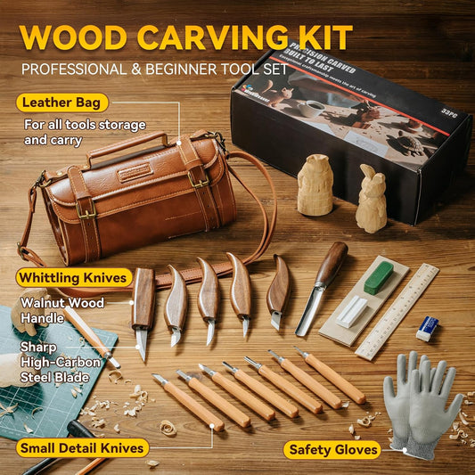 Wood Carving Kit, 33Pcs Wood Carving Tools Set with Thick Leather Storage Bag, Deluxe Wood Carving Set, 6 Wood Carving Knives 8 Chisels 6 Blocks Whittling Kit for Beginners Enthusiasts Kids Gift DIY