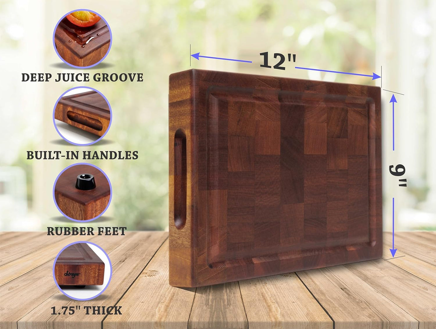 Straga Handmade Reversible End Grain Mahogany Heavy-Duty Chopping Block with Non-Slip Feet, Deep Juice Groove, Built-in Handles - Ideal for Cutting Meat, Cheese, Vegetables (12" x 9", Mahogany)