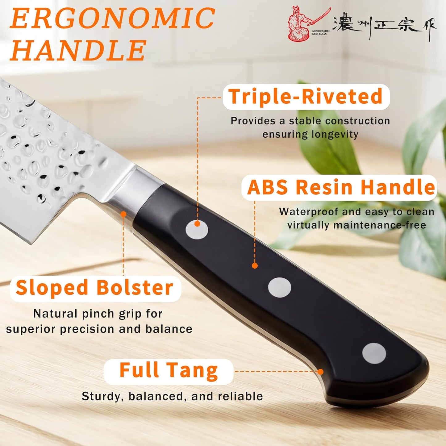 8 Inch Japanese Chef Knife, Made in Japan, Full Tang High Carbon Molybdenum Stainless Steel Gyuto Knife with Hammered Finish for Rock Chopping Meat, Fish and Vegetables