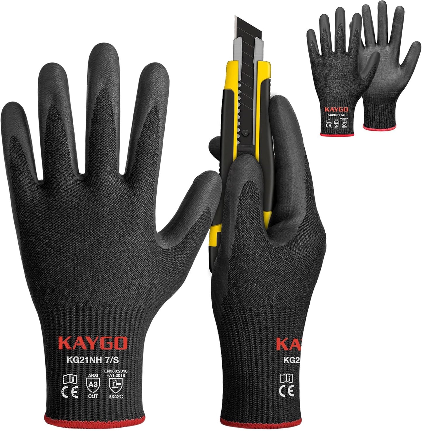 KAYGO 12 Pairs Cut Resistant Work Gloves for Men and Women,ANSI A3 Cutting Gloves,Nitrile Micro-Foam Safety Work Gloves KG21NB,Ideal for Wood Carving,Glass Handling, Construction,Fishing,Grey,S