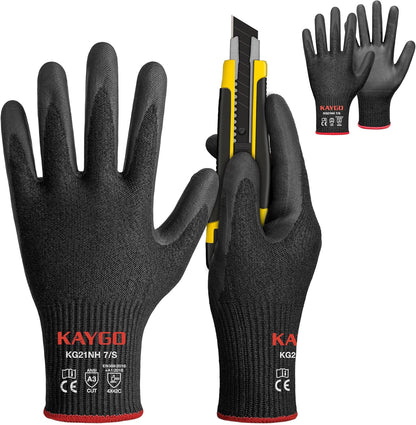KAYGO 12 Pairs Cut Resistant Work Gloves for Men and Women,ANSI A3 Cutting Gloves,Nitrile Micro-Foam Safety Work Gloves KG21NB,Ideal for Wood Carving,Glass Handling, Construction,Fishing,Grey,S