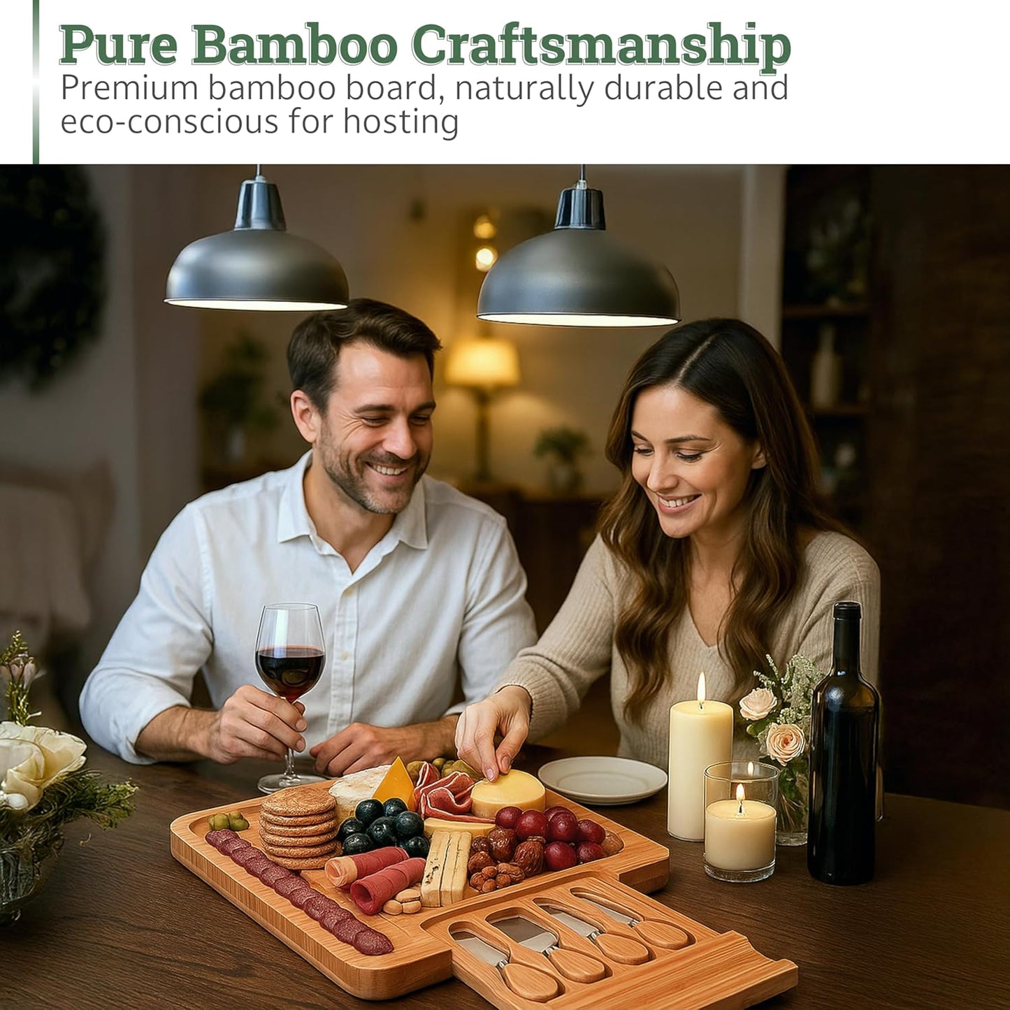 Dynamic Gear Bamboo Charcuterie Cheese Board Set with Knives - Low Maintenance Surface - Perfect for Wine and Cheese Nights - Sleek and Minimal Design - 13x13x2 inches - Dark Brown